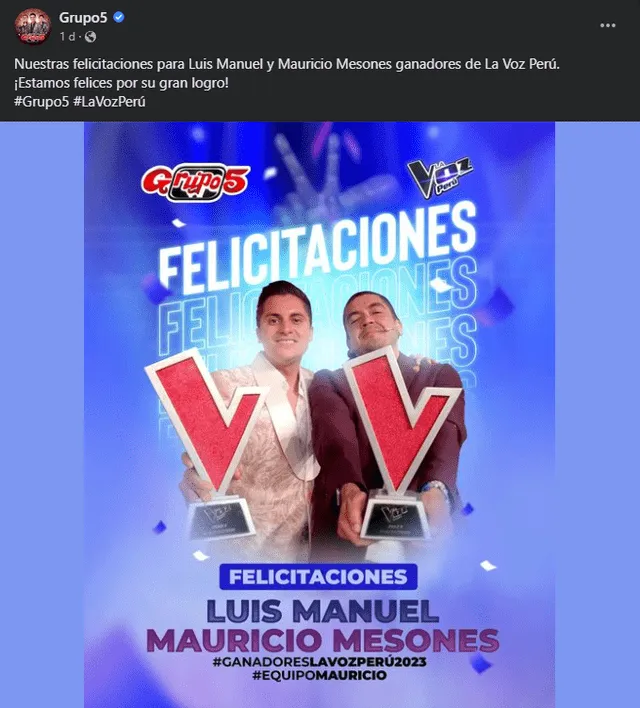 Grupo 5 celebró el logro de Luis Manuel Valdiviezo en Facebook 
