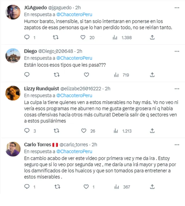 Usuarios indignados por los chistes de Hablando Huevadas.    