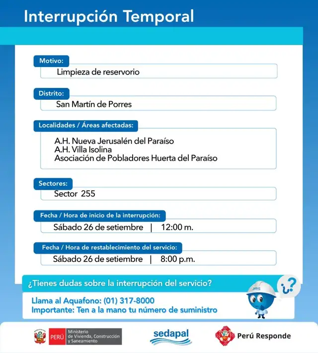 Corte de agua en San Martín de Porres.