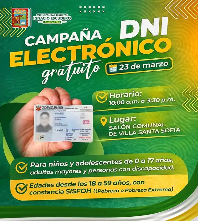 DNI electrónico gratis en la Municipalidad distrital Ignacio Escudero.