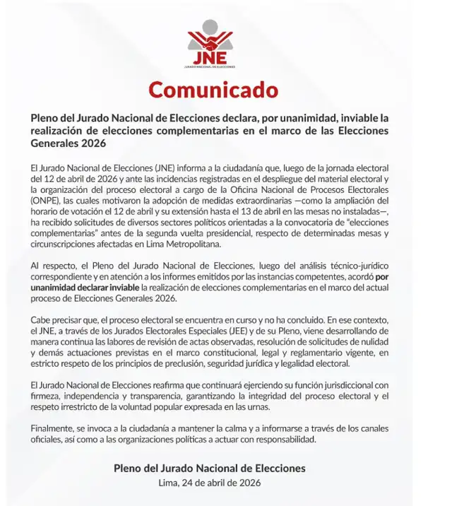 Comunicado del JNE. 