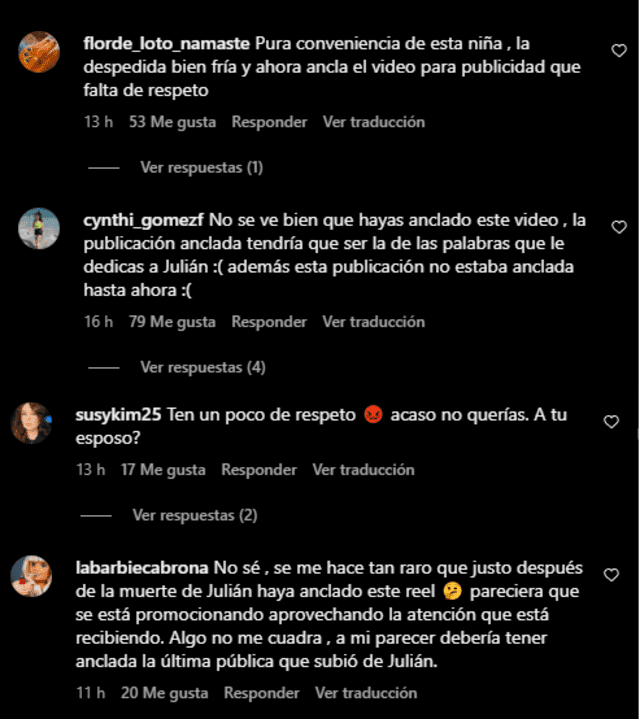 Comentarios en publicación anclada donde presenta nueva canción.  