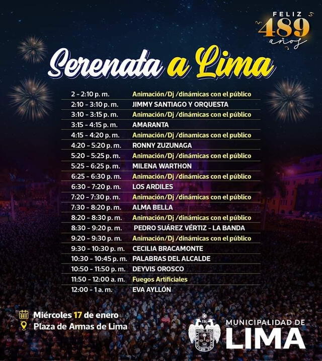 Este es el cronograma del aniversario de Lima del miércoles 17 de enero.   
