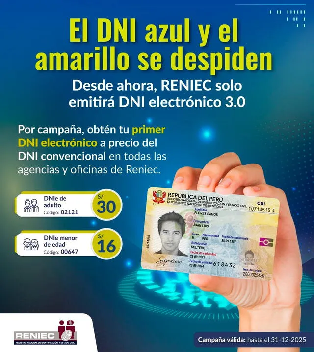 <strong> Reniec dejará de emitir DNI azul y amarillo, promoviendo el trámite del DNI electrónico.</strong>   