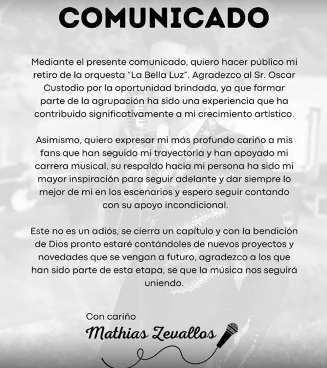 Mathías Zevallos lanza comunicado sobre su salida de 'La Bella Luz'.