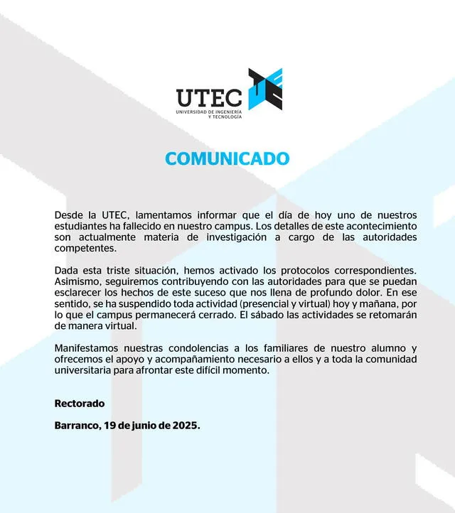 UTEC suspende sus clases del 19 al 21 de junio. UTEC suspende sus clases del 19 al 21 de junio.