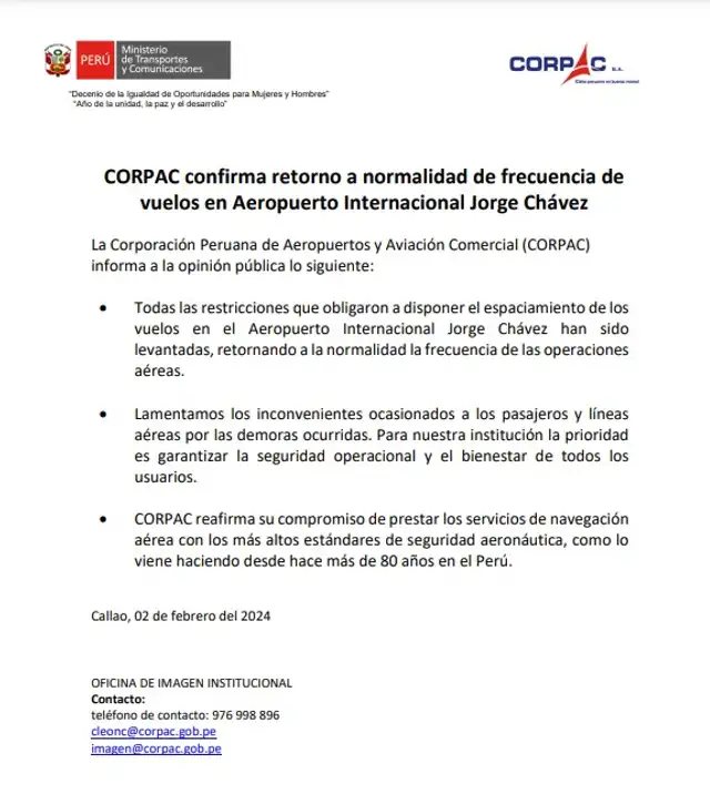 CORPAC confirma reanudación de vuelos.