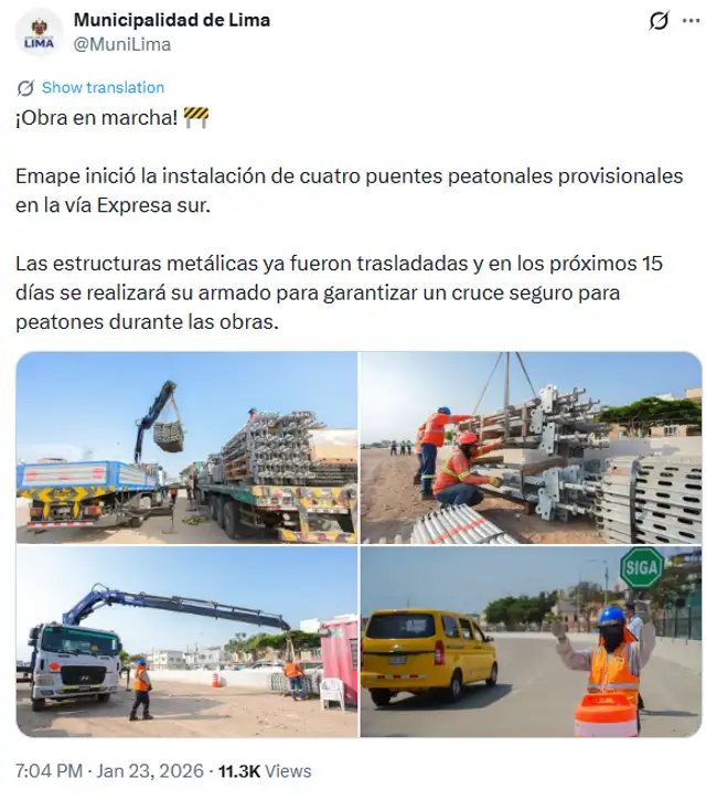 Municipalidad de Lima anuncia instalación de puentes peatonales en Vía Expresa Sur.
