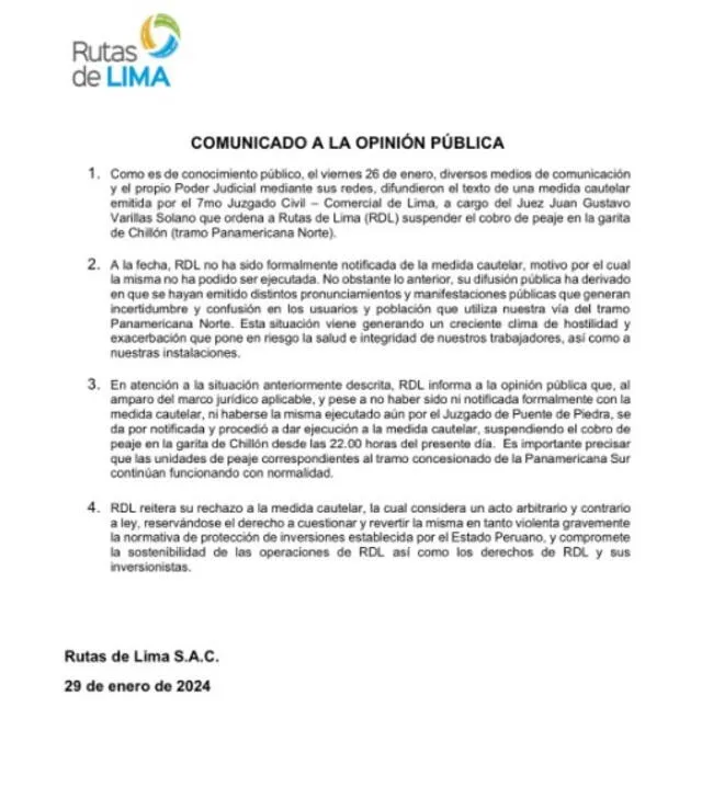 Rutas de Lima anuncia suspensión del cobro de peajes en la garita de Puente Piedra.