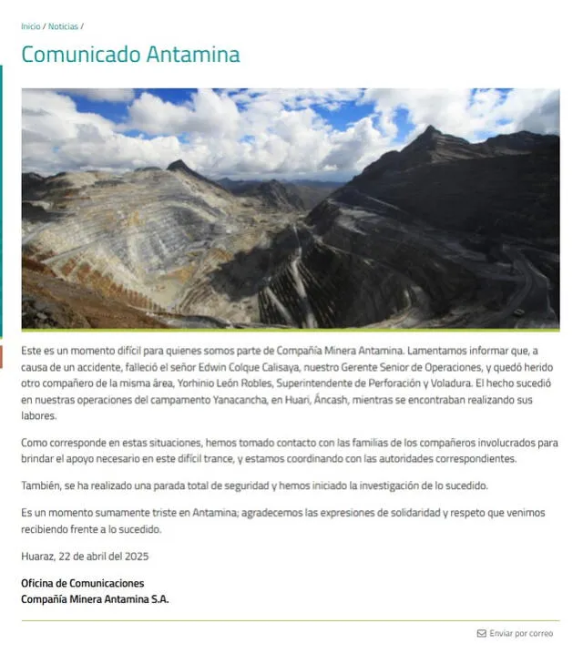 Antamina confirma la tragedia de sus trabajadores. Antamina confirma la tragedia de sus trabajadores.