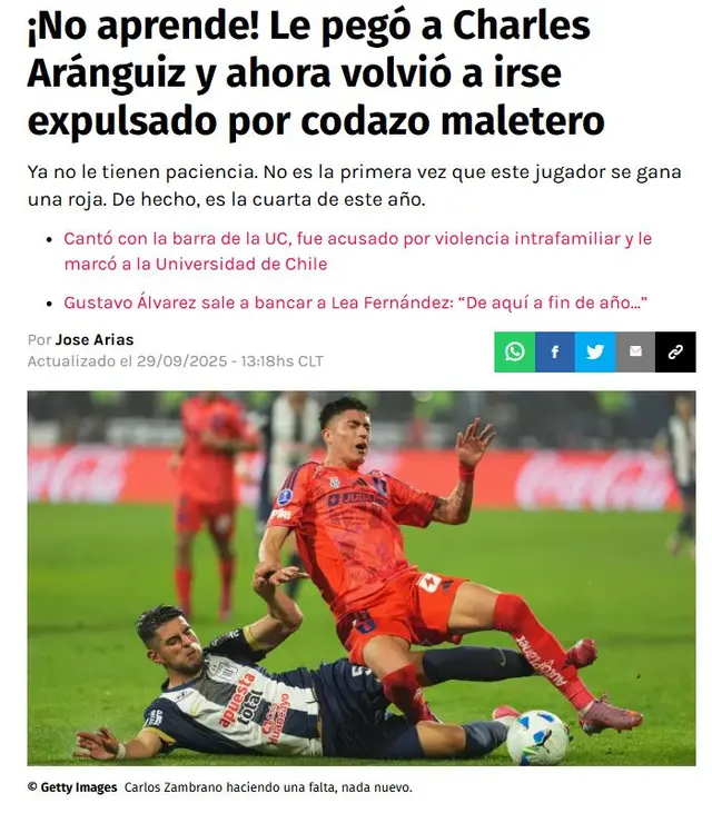  Redgol criticó a Carlos Zambrano tras su expulsión. Foto: Redgol   