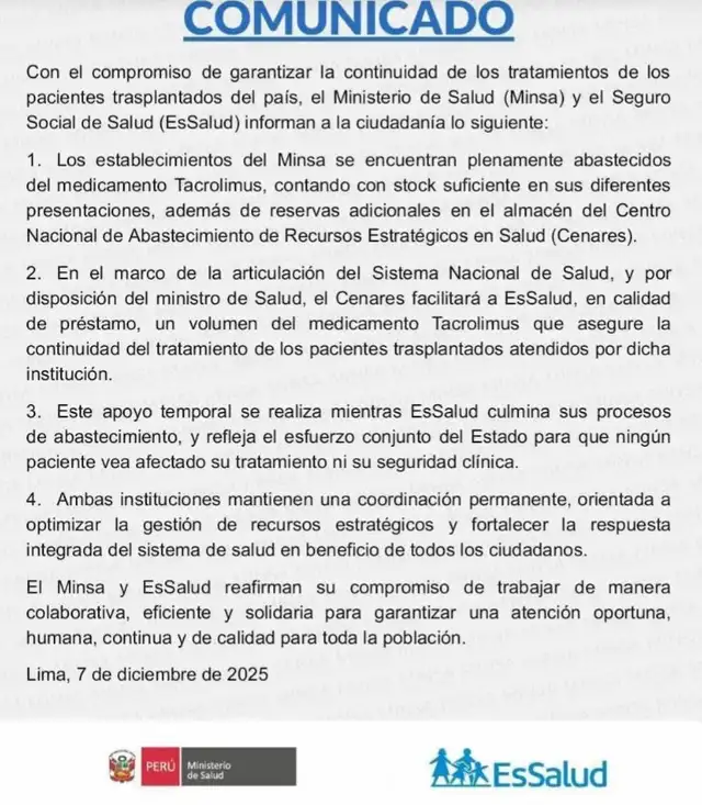 <strong> Minsa facilitará a EsSalud medicamento de tacrolimus</strong> <strong> Minsa facilitará a EsSalud medicamento de tacrolimus</strong>