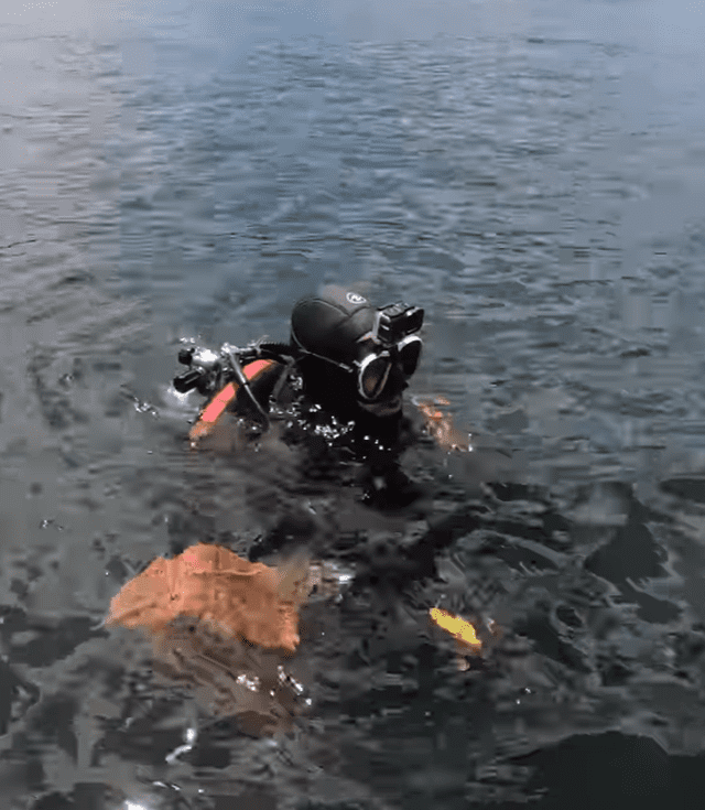 Mike Pelley buscando el anillo en el fondo del lago. (Captura: YouTube)   