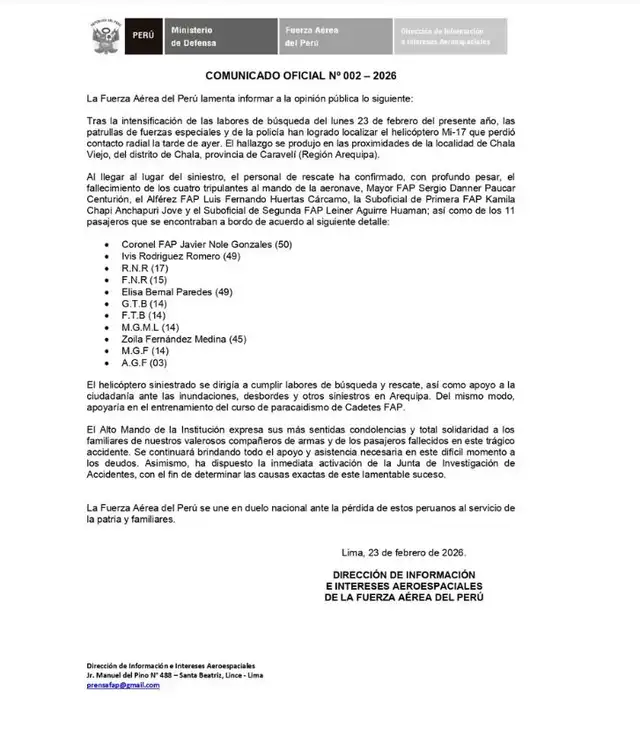 <strong> Comunicado de la FAP confirma los fallecidos en caída de helicóptero</strong>   