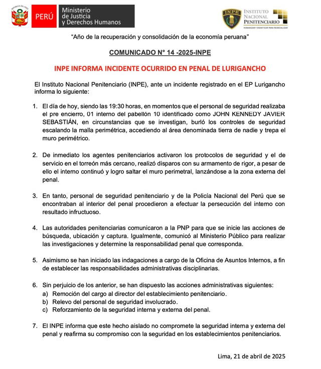 INPE confirma la fuga del reo la noche de este lunes 21 de abril. INPE confirma la fuga del reo la noche de este lunes 21 de abril.