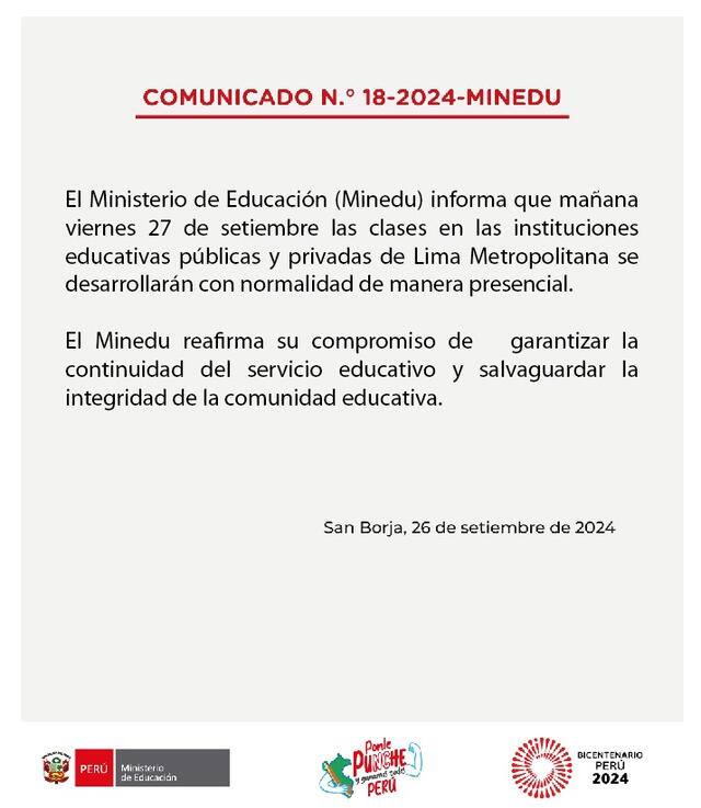 Minedu anuncia el retorno a las clases presenciales para este viernes 27 de septiembre en Lima