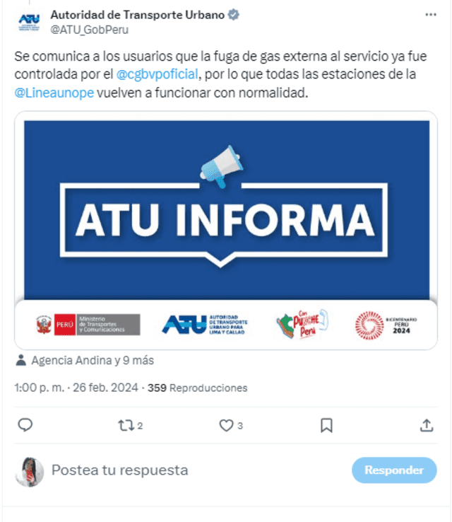 ATU anuncia fuga de gas exterior al servicio en la Línea 1 del Metro de Lima.