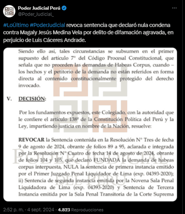 Poder Judicial revoca sentencia que declaró nula condena contra Magaly Medina por difamación a Lucho Cáceres.