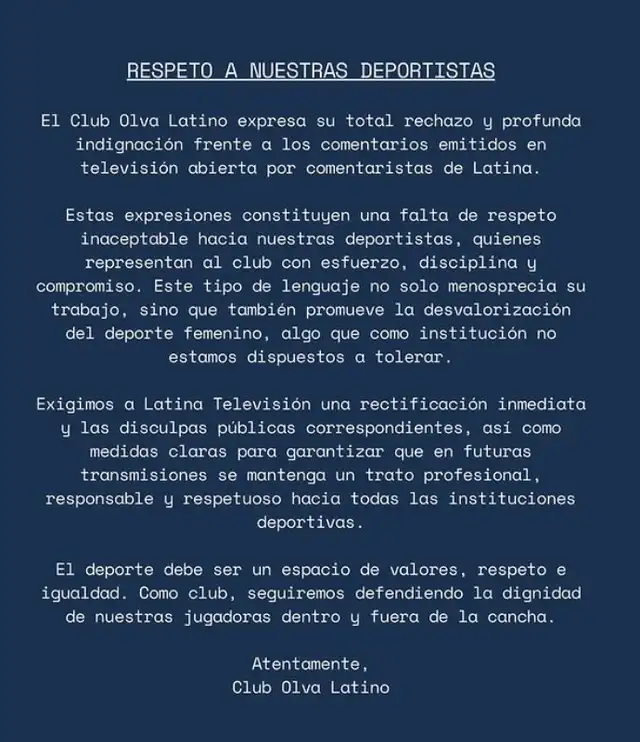 Comunicado del Club Olva Latino contra Fernando Egúsquiza. Foto: Instagram/Latinoamisa Comunicado del Club Olva Latino contra Fernando Egúsquiza. Foto: Instagram/Latinoamisa