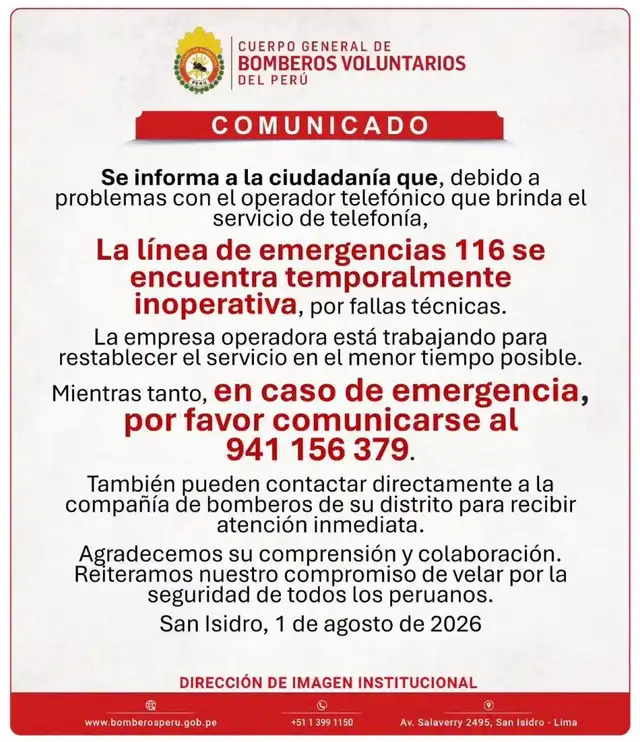 Comunicado del Cuerpo General de Bomberos Voluntarios del Perú.