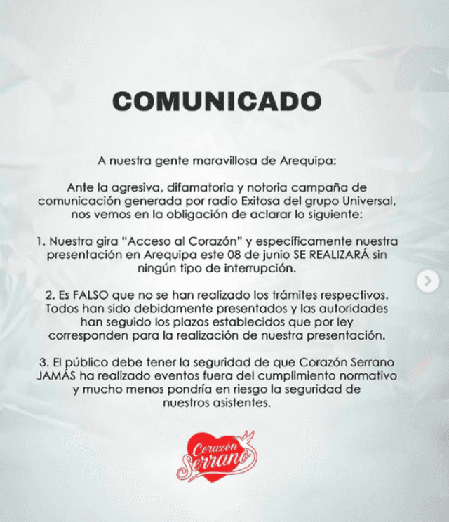 Corazón Serrano emitió comunicado para sus fans.