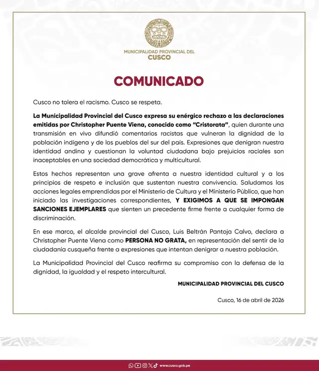 Municipalidad Provincial del Cusco.