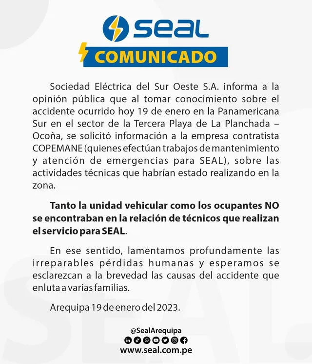 Comunicado de la Sociedad Eléctrica del Sur Oeste.