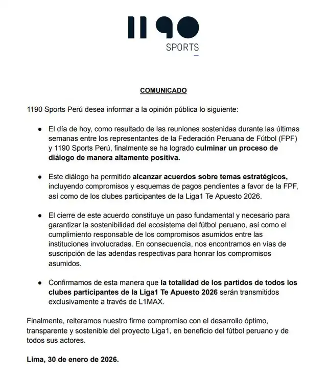 Comunicado de 1190 Sports. Foto: 1190 