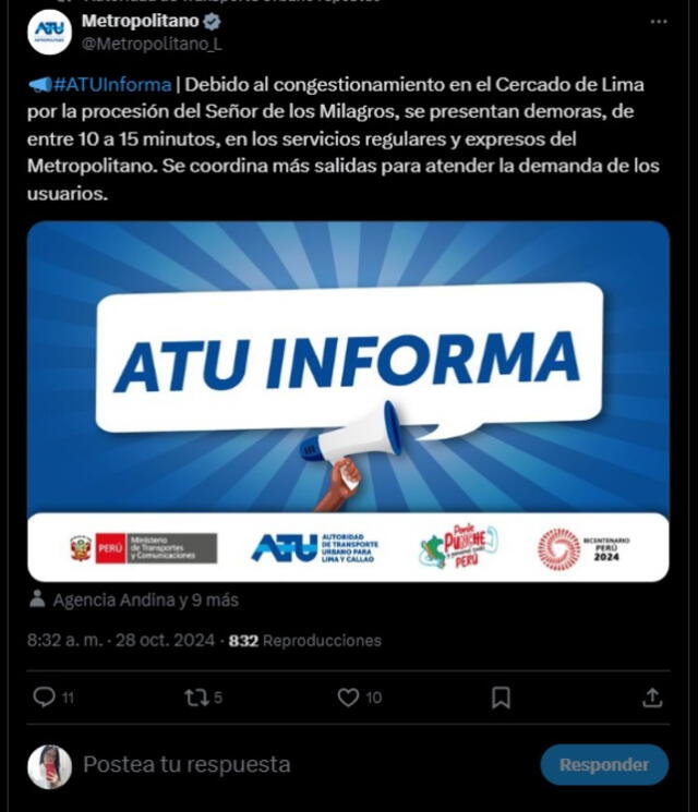 ATU informa que las demoras en el Metropolitano entre 10 a 15 minutos.