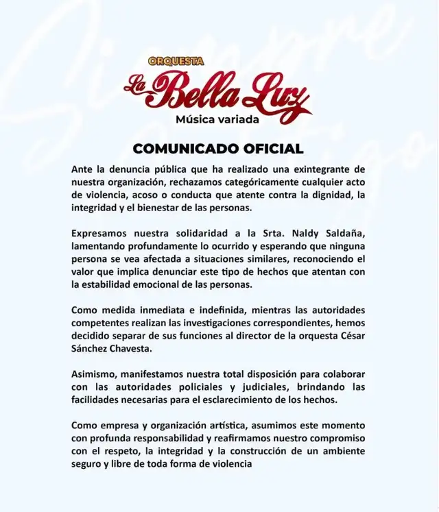 ¡LE DAN CON TODO! La Bella Luz recibe fuertes críticas tras emitir comunicado sobre la denuncia de Naldy Saldaña y separar a su director musical