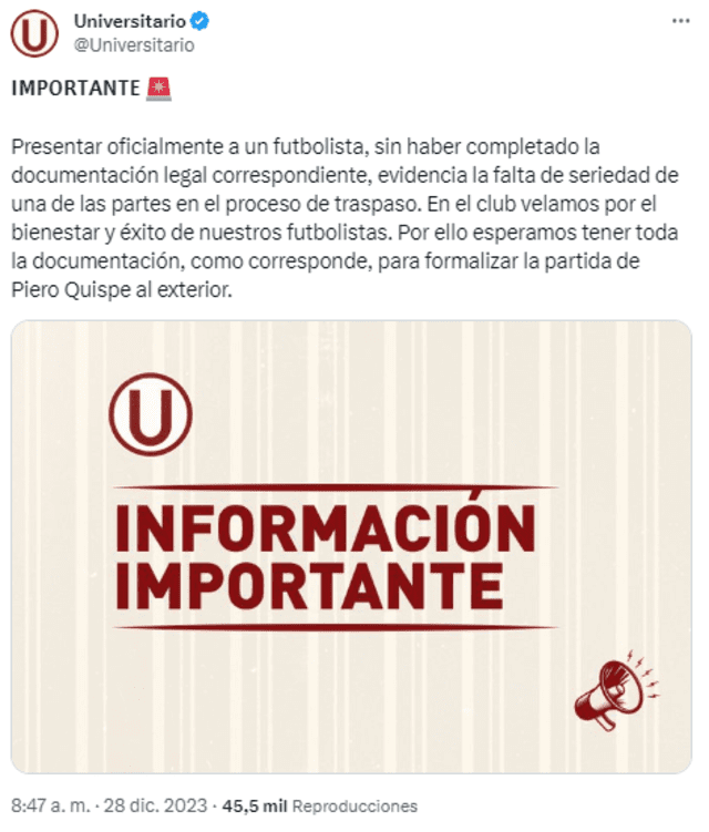 Mensaje de Universitario sobre presentación oficial de Piero Quispe por Pumas UNAM.   