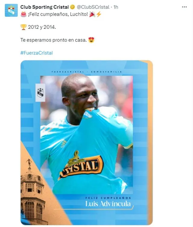 Mensaje de Sporting Cristal hacia Luis Advíncula por su cumpleaños.   