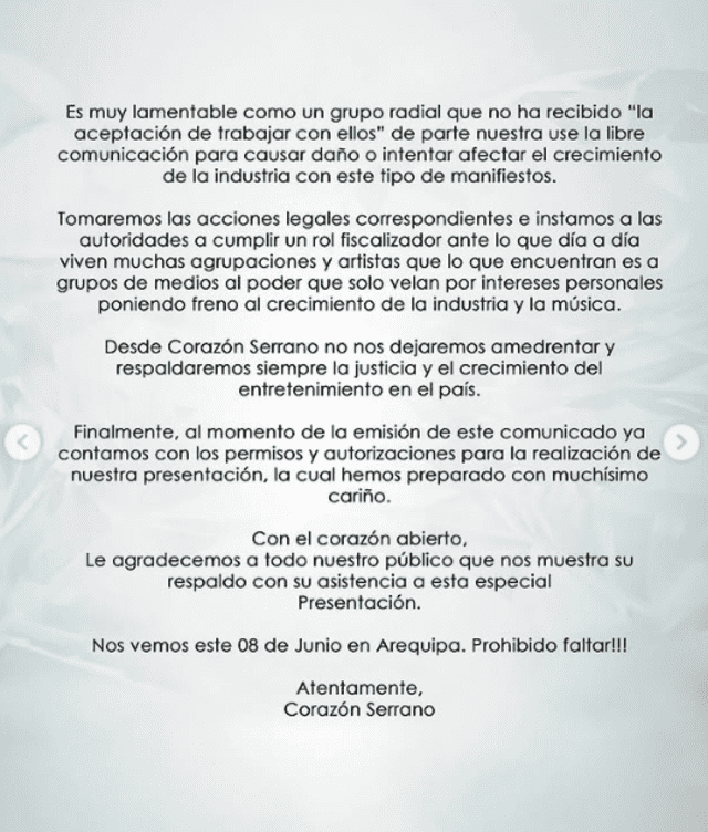 Corazón Serrano anuncian medidas legales.