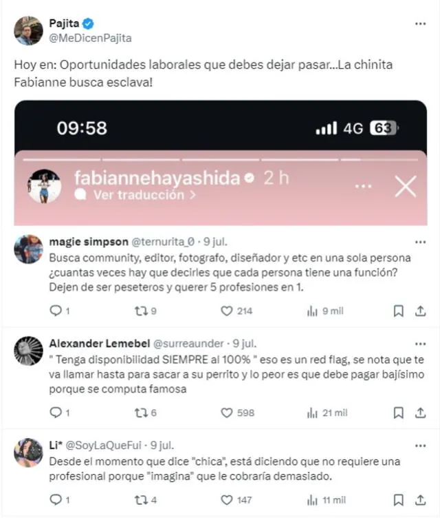 Usuarios critican requisitos de Fabianne Hayashida en propuesta de trabajo.