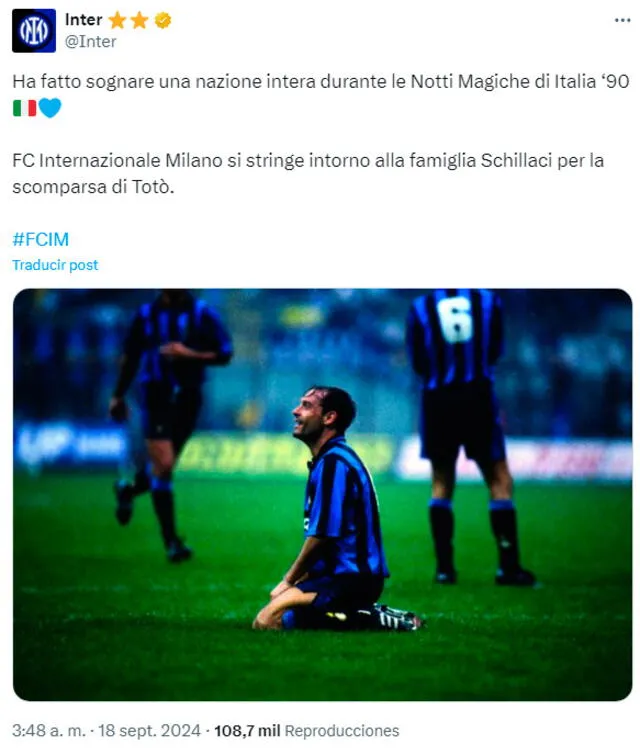 Inter de Milán despide a Toto Schillaci. / Foto: X.   