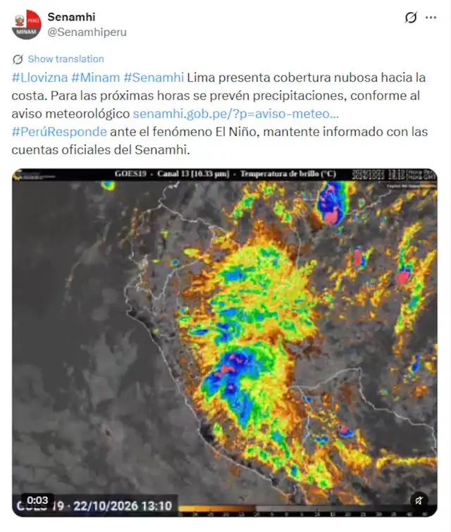 Senamhi confirma presencia de cobertura nubosa hacia Lima. Senamhi confirma presencia de cobertura nubosa hacia Lima.