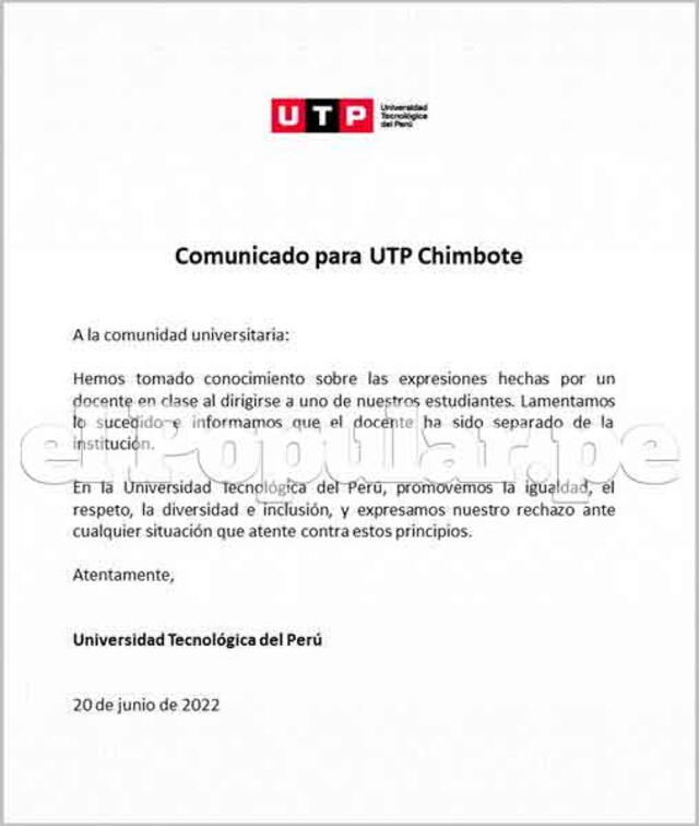El comunicado de la universidad sobre la situación laboral con el profesor. / FUENTE: El Popular.   