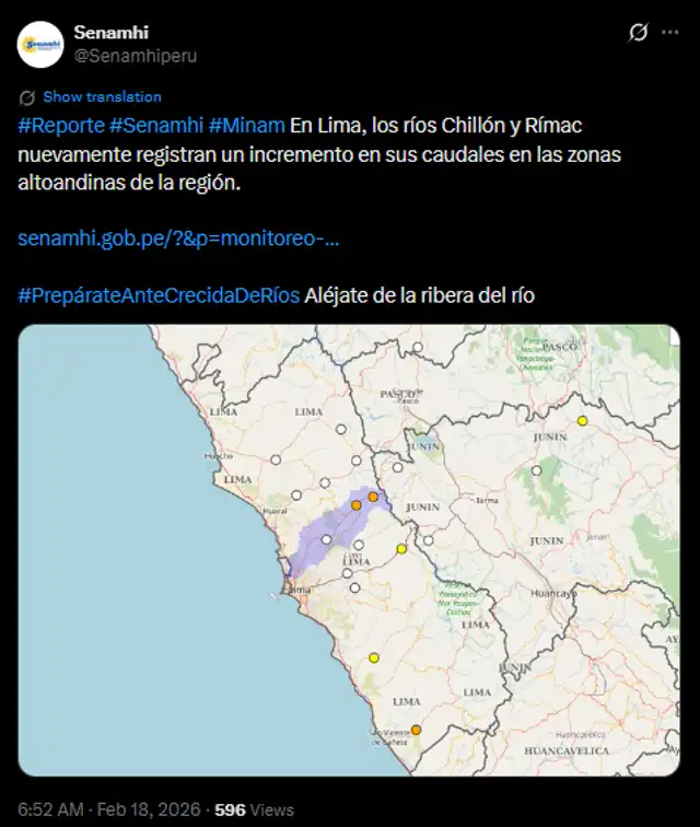 Senamhi alerta sobre el aumento del caudal en los ríos de Lima. Senamhi alerta sobre el aumento del caudal en los ríos de Lima.