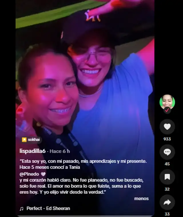 Lis Padilla envía emotivo mensaje defendiendo su amor junto a Tania Pinedo. Foto: TikTok.   