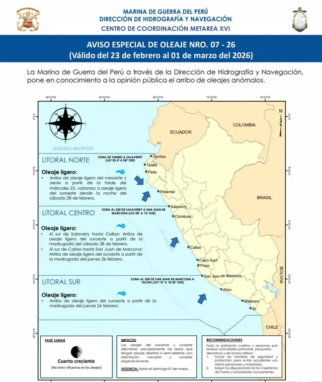 Aviso Especial de Oleaje N°. 07-26 de la Dirección de Hidrografía y Navegación. Aviso Especial de Oleaje N°. 07-26 de la Dirección de Hidrografía y Navegación.