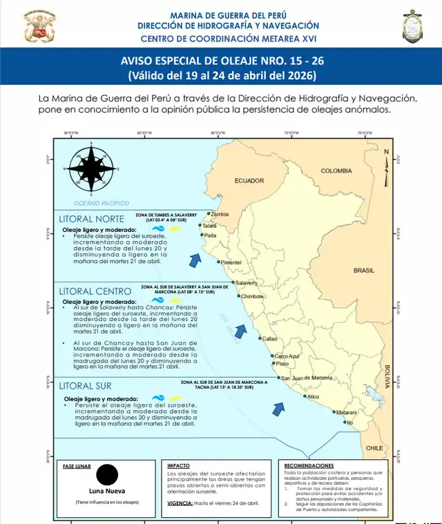 Marina de Guerra advierte oleaje anómalo en las próximas 24 horas.