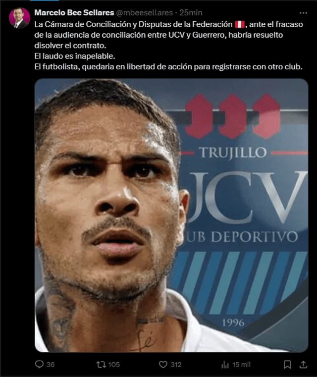 Paolo Guerrero estaría libre sin contrato con UCV. / Foto: X.   