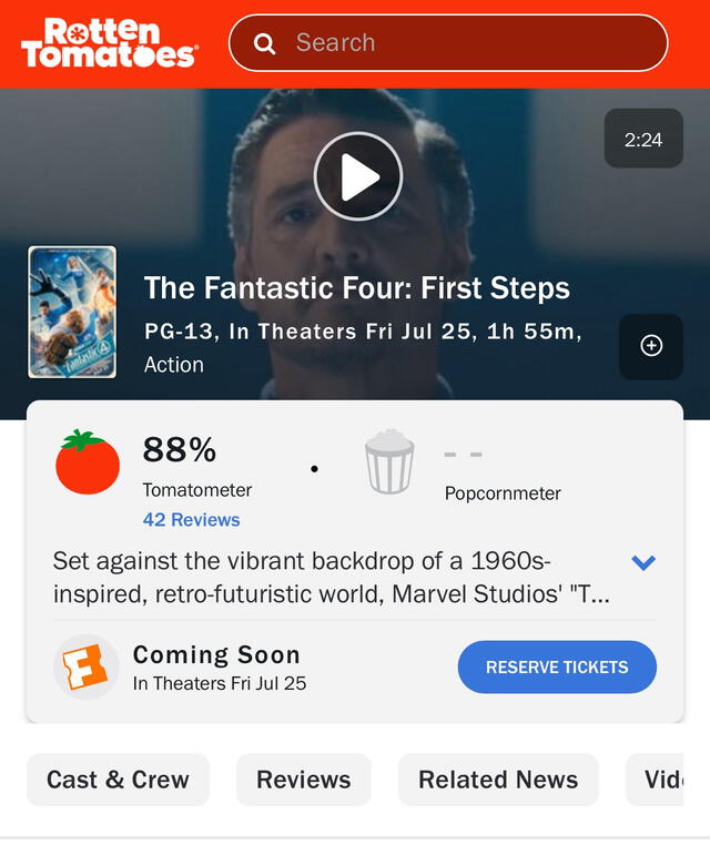 Así fue el debut de 'Los 4 Fantásticos: primeros pasos'. Foto: Rotten Tomatoes Así fue el debut de 'Los 4 Fantásticos: primeros pasos'. Foto: Rotten Tomatoes
