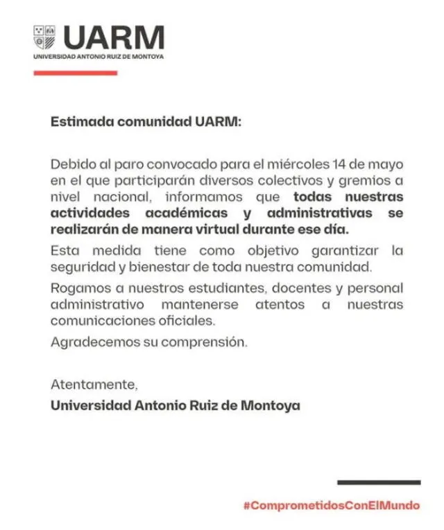 UARM confirma suspensión de clases este 14 de mayo por el paro de transportistas.