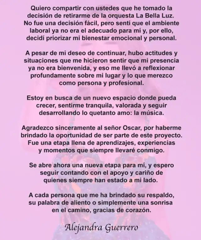 Alejandra Guerrero emitió un comunicado sobre su salida de 'La Bella Luz'. Alejandra Guerrero emitió un comunicado sobre su salida de 'La Bella Luz'.