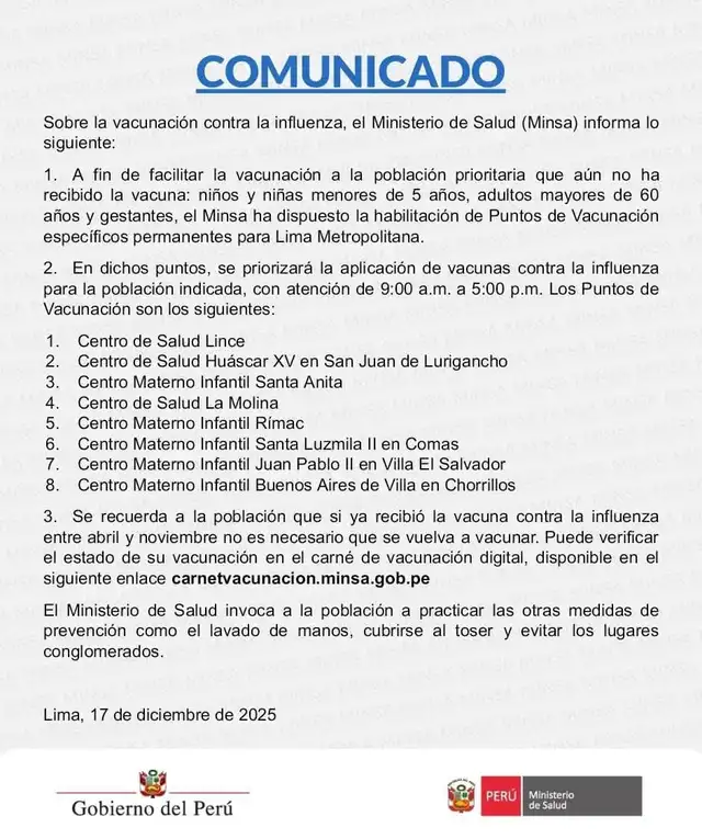 Comunicado del Minsa sobre vacunación contra la influenza. Comunicado del Minsa sobre vacunación contra la influenza.