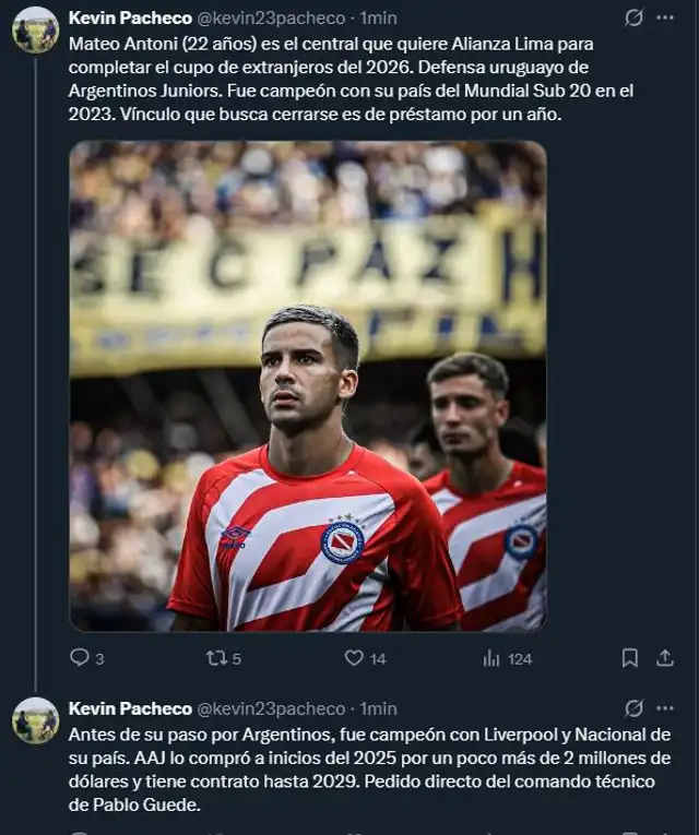  Información sobre el nuevo fichaje de Alianza Lima. Foto: X/Kevin Pacheco   