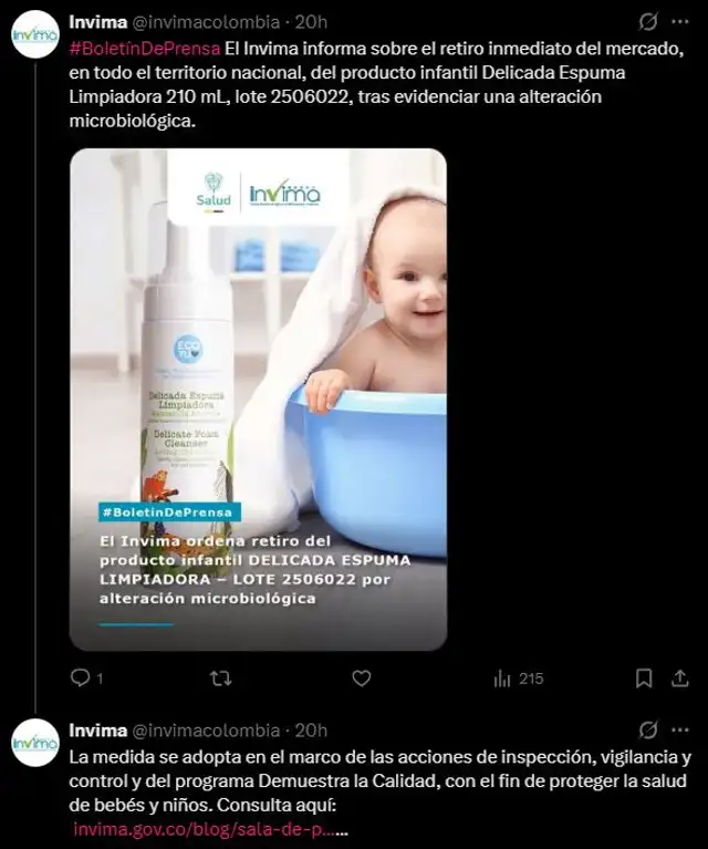 <strong> Invima anunció el retiro inmediato del producto Delicada Espuma Limpiadora 210 ml para bebés y niños</strong> <strong> Invima anunció el retiro inmediato del producto Delicada Espuma Limpiadora 210 ml para bebés y niños</strong>
