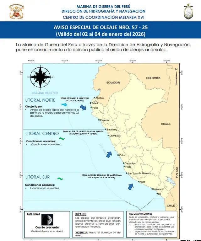 Marina de Guerra advierte fenomeno en litorial peruano.