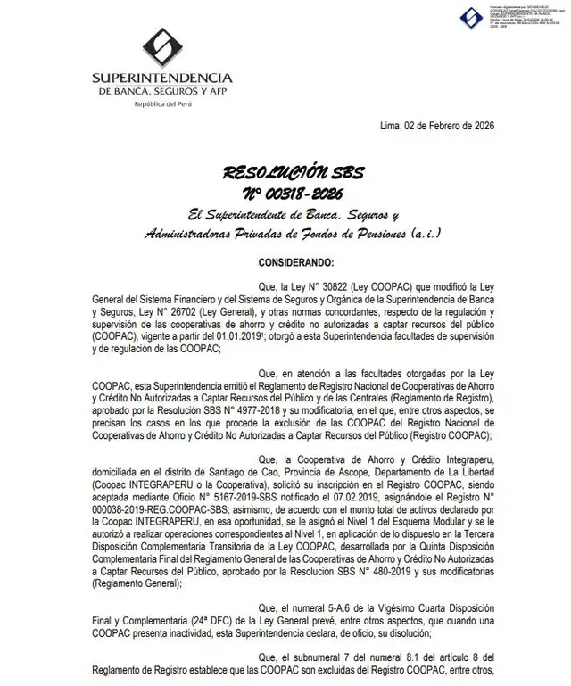 <strong> Cooperativa de Ahorro y Crédito Integraperú fue cerrada por la SBS</strong>   